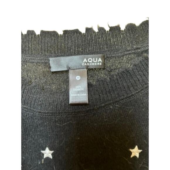 AQUA Cashmere Black Star Embroidered Sweater Medium Bloomingdales - Picture 3 of 3